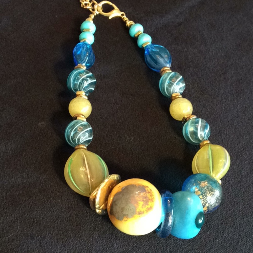 Golden Blues Blown Glass Adj. Necklace